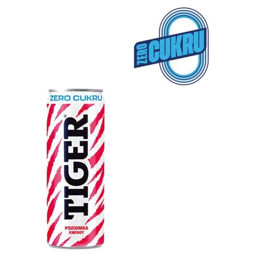 Puszka napoju energetycznego Tiger Zero Cukru o smaku poziomkowym.