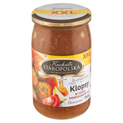 Słoik klopsów w sosie pomidorowym Kuchnia Staropolska Nowocześnie, 700g. Na etykiecie grafika klopsów z warzywami. Duża porcja XXL.