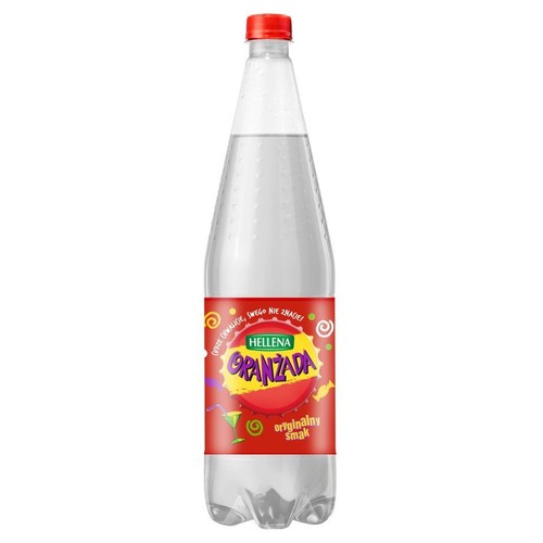 Napój Hellena Oranżada w plastikowej butelce. Czerwona etykieta z kolorowym napisem "Oranżada" i hasłem "oryginalny smak".