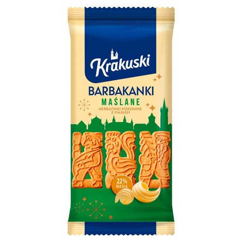 Opakowanie herbatników Krakuski Barbakanki Maślane. Biszkopty korzenne z 22% masła, w kształcie postaci. Kremowo-niebieskie opakowanie.
