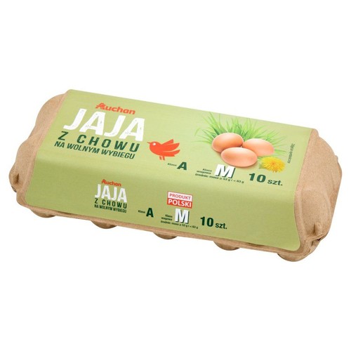 Jajka klasy A, rozmiar M, 10 sztuk, marki Auchan. Z chowu na wolnym wybiegu. Produkt Polski.