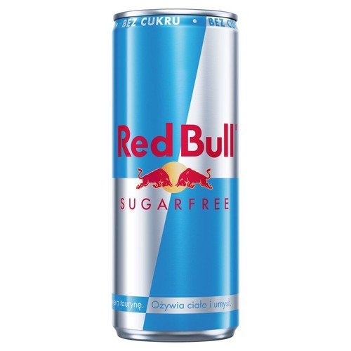 Napój energetyczny Red Bull Sugarfree w srebrnej puszce. Widoczne logo z dwoma bykami i napisy "Bez cukru".