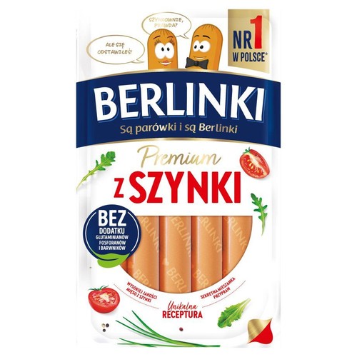 Opakowanie parówek Berlinki Premium z szynki, bez dodatku glutaminianów, fosforanów i barwników. Widoczne 5 parówek.