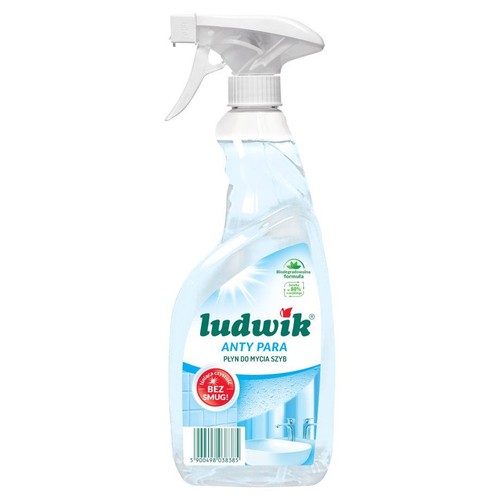 Płyn do mycia szyb Ludwik Anty Para, 80% składników naturalnych. Butelka z białym atomizerem.