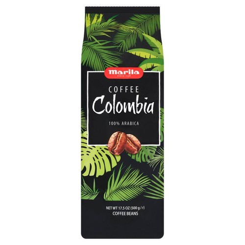 Opakowanie kawy Marila Colombia 100% Arabica, ziarna, 500g. Z grafiką ziaren kawy i liści.