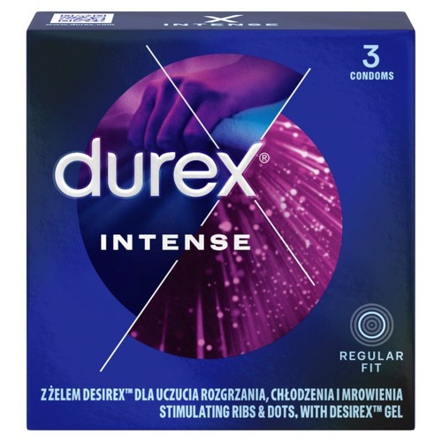 Durex Intense, 3 prezerwatywy z żelem Desirex™ dla uczucia rozgrzania, chłodzenia i mrowienia. Regular Fit.