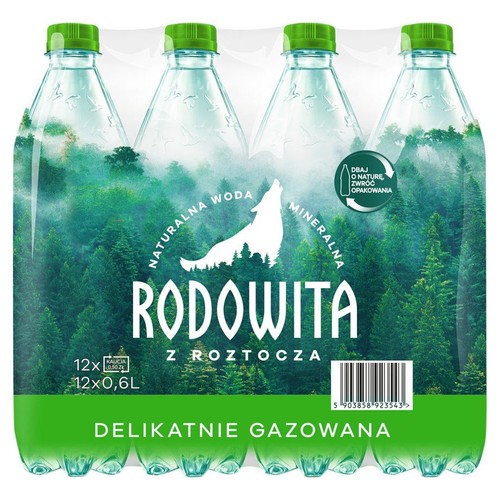 Zgrzewka 12 przezroczystych butelek wody mineralnej Rodowita z Roztocza, delikatnie gazowanej. Każda butelka o pojemności 600 ml, z zieloną nakrętką. Etykieta przedstawia zielony las i białą sylwetkę wyjącego wilka.