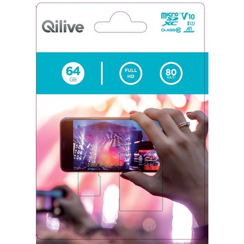 Qilive MicroSDXC 64 GB, Class 10, A1, V10. Karta pamięci do nagrywania w Full HD z prędkością 80 MB/s.