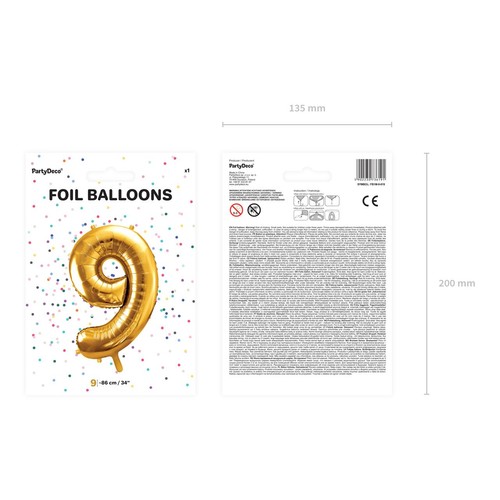 Balon foliowy Cyfra '9' 86cm złoty (1 op. / 1 szt.) PartyDeco 1 sztuka