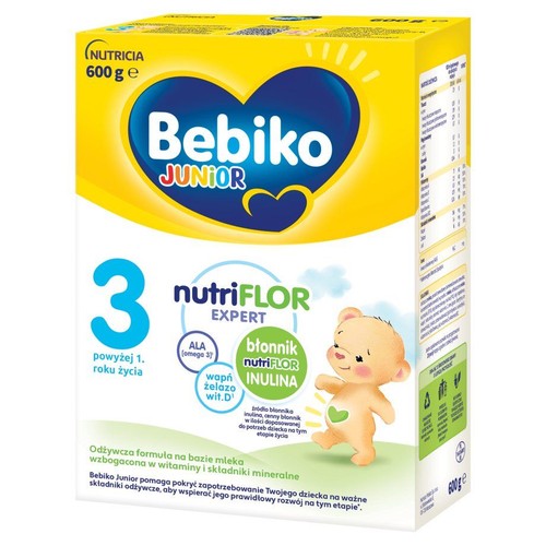 Opakowanie Bebiko Junior 3, odżywcza formuła mleczna 600g. Zawiera ALA, błonnik, wapń, żelazo, wit. D. Dla dzieci powyżej 1. roku życia.