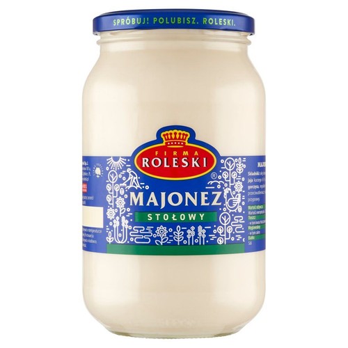 Produkt: Majonez stołowy Roleski, 500. Słoik z niebieską etykietą i zakrętką. Na zakrętce napis "Spróbuj! Polubisz. Roleski.".