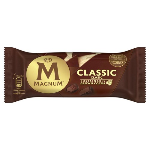 Lody Magnum Classic 110ml w brązowym opakowaniu. Na grafice lody waniliowe pokryte pękającą czekoladą.