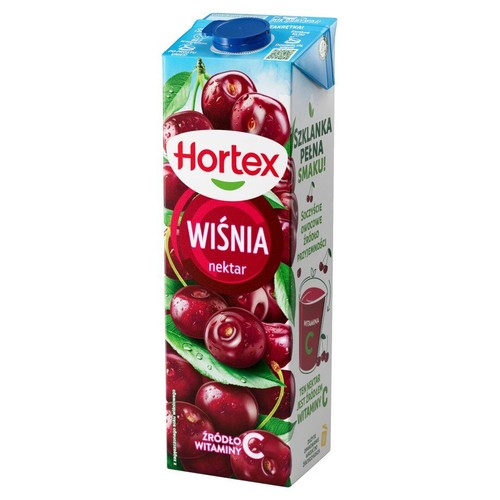 Nektar wiśniowy Hortex w kartonowym opakowaniu z niebieską zakrętką. Etykieta przedstawia wiśnie i informuje o witaminie C.
