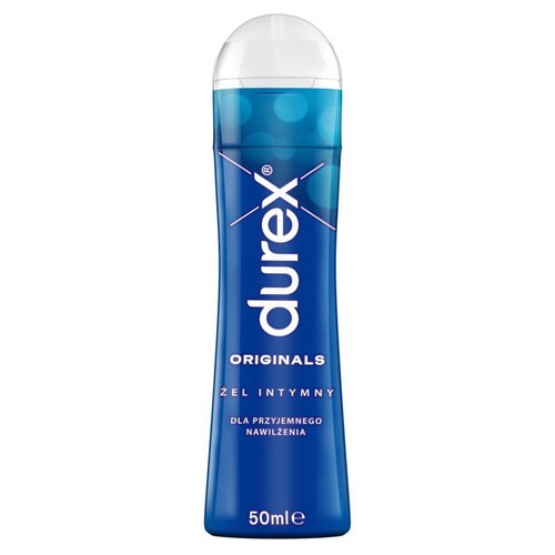 Niebieska butelka żelu intymnego Durex Originals o pojemności 50 ml. Biała nakrętka.