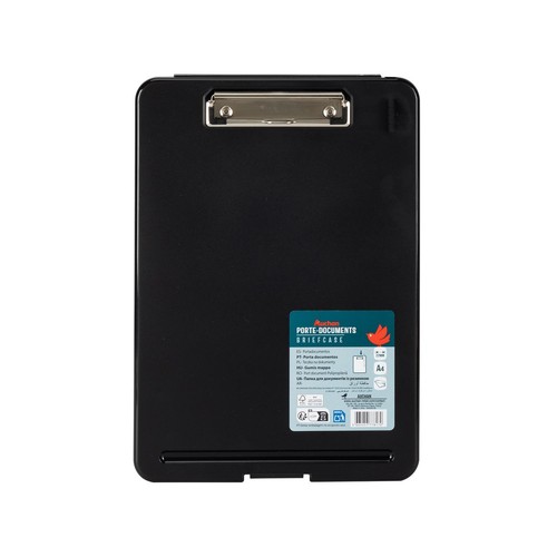 Czarny clipboard na dokumenty A4 z metalowym klipsem. Produkt marki Auchan.