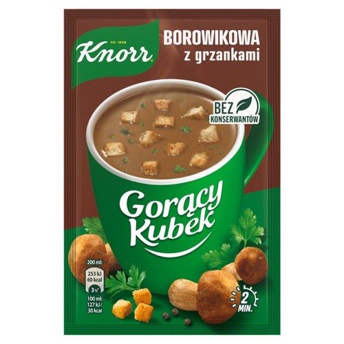 Brązowe opakowanie Knorr Gorący Kubek Borowikowa z grzankami. Na grafice zielony kubek z parującą, brązową zupą, posypaną grzankami i natką pietruszki. Produkt bez konserwantów, gotowy w 2 minuty. Objętość 200 ml.