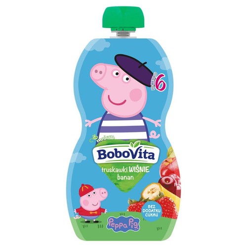 Saszetka BoboVita z musem owocowym: truskawki, wiśnie, banan. Na opakowaniu Świnka Peppa. Dla niemowląt po 6 miesiącu.