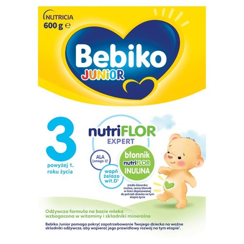 Mleko Bebiko Junior 3, 600g. Odżywcza formuła z NutriFLOR EXPERT, ALA, błonnikiem, wapniem, żelazem, wit. D. Dla rocznych dzieci.
