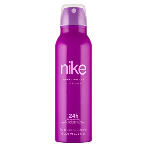 Fioletowy dezodorant Nike Purple Mood dla kobiet, w metalowej butelce z przezroczystą nakrętką. Pojemność 200 ml.
