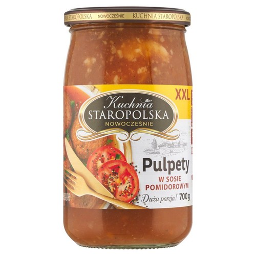 Słoik pulpetów w sosie pomidorowym Kuchnia Staropolska Nowocześnie, 700g. Na etykiecie napis "Duża porcja!".