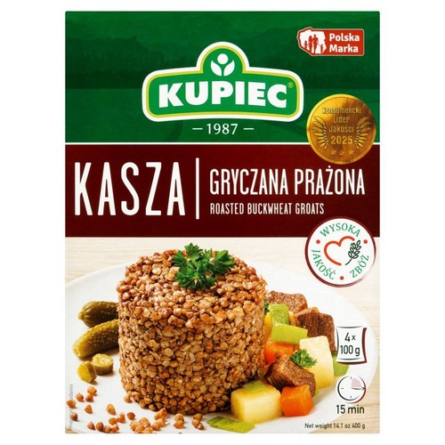Kasza gryczana prażona Kupiec, 400g. Na opakowaniu danie z kaszy, mięsa i warzyw. Polska Marka.