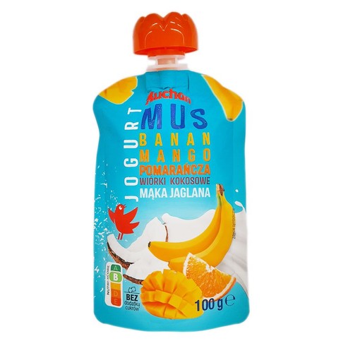 Mus z wiórkami kokosowymi jogurt banan mango pomarańcza Auchan 100 g