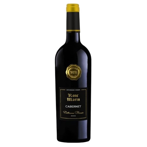 Butelka wina Ronc Marin Cabernet z czarną etykietą i złotymi elementami. Etykieta zawiera nazwę wina, informację "Sustainable Winery" (Zrównoważona Winiarnia) oraz "Collezione Privata" (Prywatna Kolekcja). Złota pieczęć z logo RM.