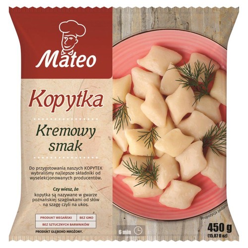 Opakowanie kopytek Mateo 450g. Produkt głęboko mrożony, wegański, bez GMO. Na opakowaniu zdjęcie kopytek z koperkiem.