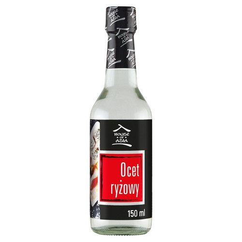 Szklana butelka octu ryżowego House of Asia, 150 ml. Na etykiecie grafika sushi i czerwony napis "Ocet ryżowy".