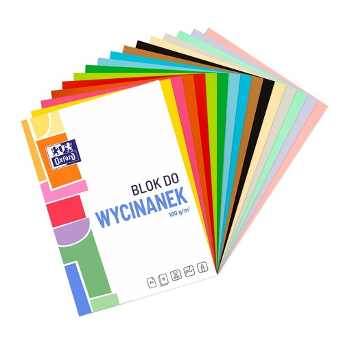 Blok papieru Oxford do wycinanek, format A4, gramatura 100 g/m². Na białej okładce logo Oxford i napis "BLOK DO WYCINANEK". Za okładką widoczne są liczne, różnokolorowe arkusze papieru ułożone w wachlarz.
