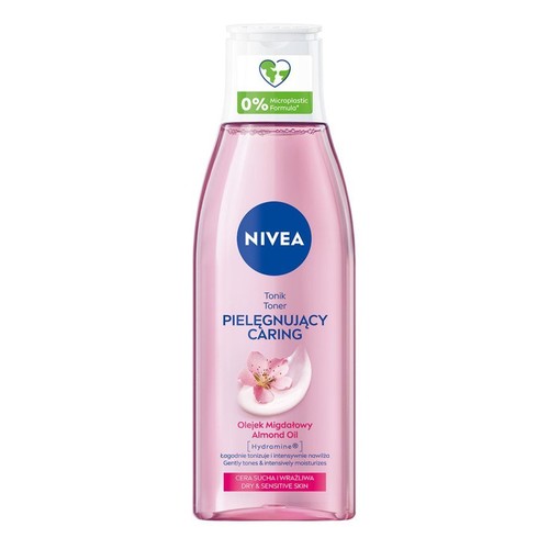 NIVEA Tonik Pielęgnujący z Olejkiem Migdałowym i Hydramine, przeznaczony do cery suchej i wrażliwej. Łagodnie tonizuje oraz intensywnie nawilża skórę. Produkt posiada formułę 0% mikroplastiku, dbając o środowisko.