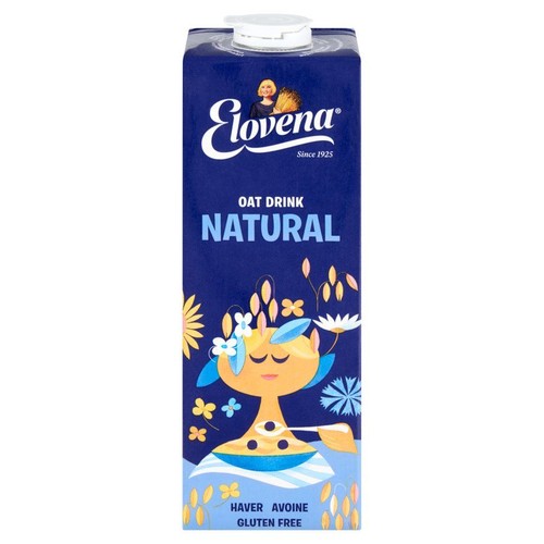Napój owsiany Elovena Natural w granatowym kartonie. Na etykiecie stylizowana postać, kwiaty i napis "bezglutenowy".