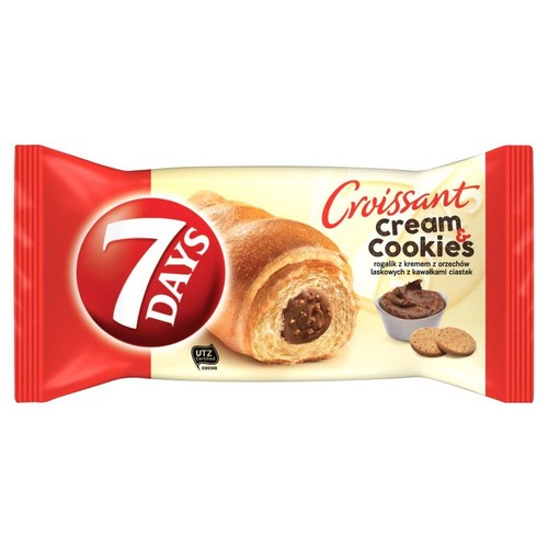Opakowanie 7 DAYS Croissant Cream & Cookies. Na grafice rogalik z kremem orzechowym i ciasteczkami. Czerwono-beżowe.