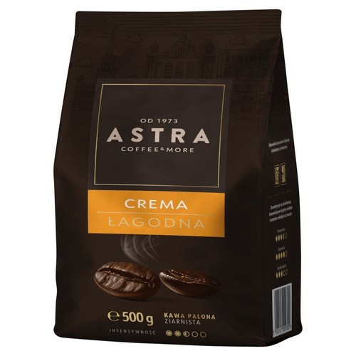Opakowanie kawy ziarnistej Astra Crema Łagodna, 500 g. Kawa palona o średniej intensywności.