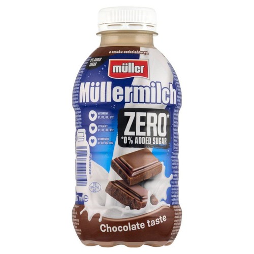 Butelka Müllermilch Zero o smaku czekoladowym. Zawiera 387 ml, bez dodatku cukru. Wzbogacony witaminami.