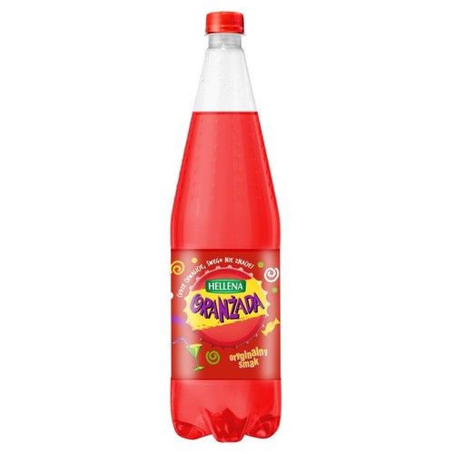 Napój Hellena Oranżada w plastikowej butelce z czerwoną zakrętką. Etykieta z napisem "oryginalny smak".
