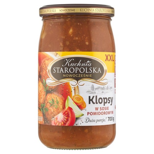 Słoik klopsów w sosie pomidorowym Kuchnia Staropolska Nowocześnie, 700g. Na etykiecie grafika klopsów z warzywami.
