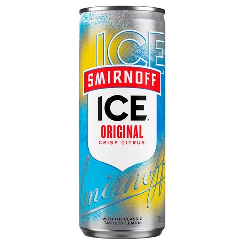 Napój Smirnoff Ice Original w srebrnej puszce z kolorową etykietą. Dominują napisy "ICE", "SMIRNOFF" i "ORIGINAL Orzeźwiający Cytrus". Opakowanie ma dynamiczny design z niebieskimi i żółtymi akcentami, podkreślającymi smak cytryny.