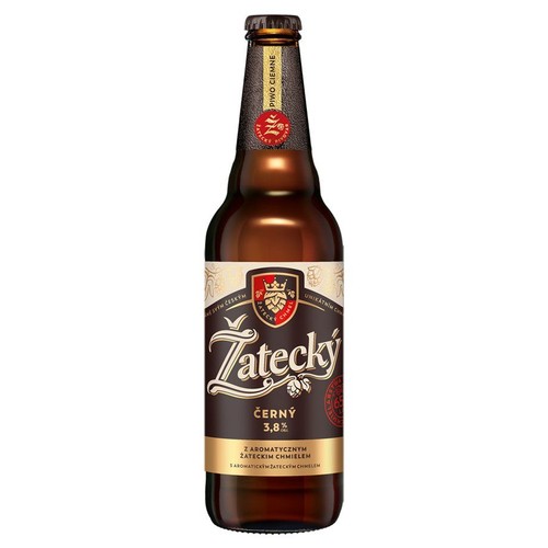 Ciemne piwo Zatecký Černý 3,8% w charakterystycznej, ciemnobrązowej butelce. Etykieta zawiera nazwę, procent alkoholu oraz informację o aromatycznym Żateckim chmielu. Górna etykieta wskazuje "Piwo Ciemne".