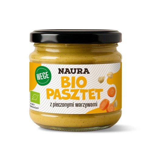 Naura BIO Pasztet wege z pieczonymi warzywami w szklanym słoiku. Etykieta z grafikami ciecierzycy i marchewki.