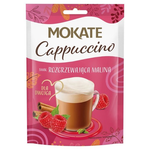 Opakowanie Mokate Cappuccino, smak Rozgrzewająca Malina. Widoczna grafika kawy z bitą śmietaną, malinami i laskami cynamonu.