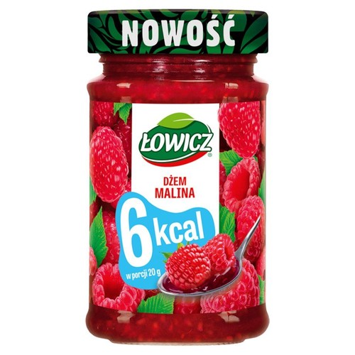 Słoik dżemu malinowego Łowicz, z etykietą informującą o 6 kcal na porcję 20 g. Na zielonej nakrętce widnieje napis "NOWOŚĆ".