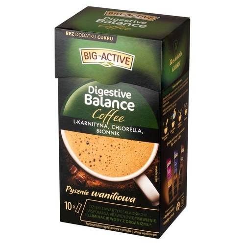 BIG-ACTIVE Digestive Balance Coffee, rozpuszczalny napój waniliowy. Wspomaga trawienie i eliminację wody. Bez dodatku cukru. 10 sztuk.