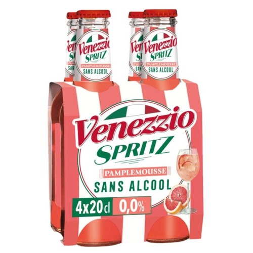 Czteropak bezalkoholowego Spritzu Venezio o smaku grejpfrutowym, 4 butelki po 200 ml. Opakowanie z grafiką drinka i grejpfruta.