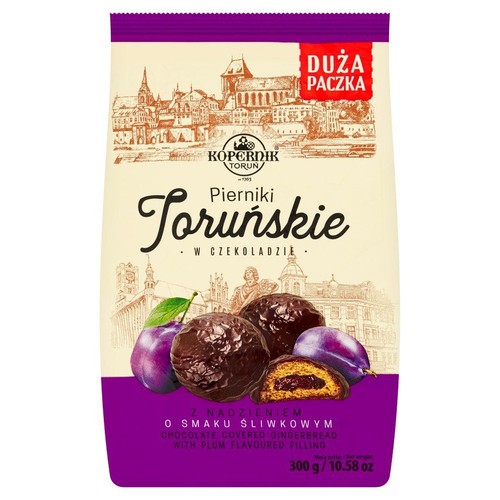 Pierniki Toruńskie Kopernik w czekoladzie z nadzieniem śliwkowym, 300 g. Opakowanie z grafiką miasta i pierników.