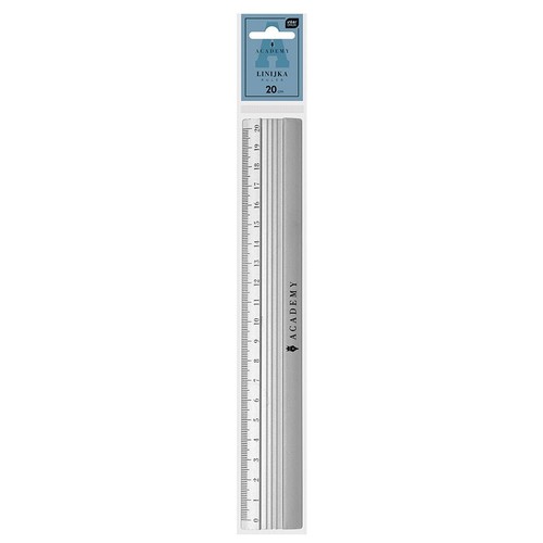 Srebrna linijka aluminiowa Academy o długości 20 cm, z wyraźną podziałką w centymetrach. Produkt jest zapakowany w przezroczysty blister z niebiesko-szarą etykietą Interdruk. Widoczne logo Academy. 