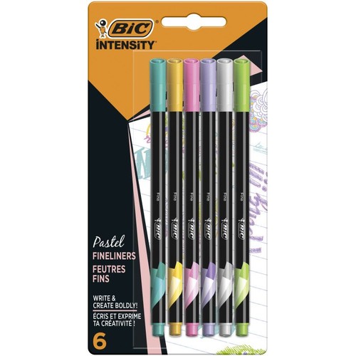 Zestaw 6 cienkopisów BIC Intensity Pastel Fineliners w opakowaniu typu blister. Cienkopisy mają czarne korpusy i pastelowe skuwki w kolorach turkusowym, żółtym, różowym, lawendowym, szarym i jasnozielonym. Idealne do pisania i kreatywnego tworzenia.
