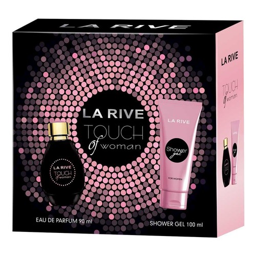 Opakowanie prezentowe La Rive Touch of Woman z wodą perfumowaną 90 ml i żelem pod prysznic 100 ml. Pudełko czarno-różowe.