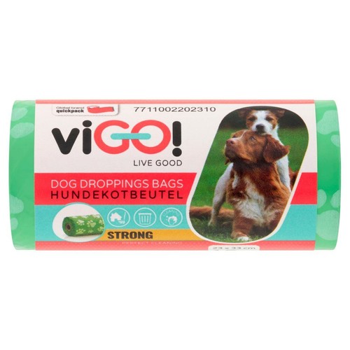 Worki na psie odchody Vigo! Live Good, wymiary 23x33 cm. Z grafiką psa rasy Jack Russell i brązowego psa.
