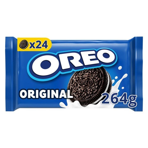 Opakowanie ciastek Oreo Original, 24 sztuki, waga 264 gramy. Widoczna grafika ciastka Oreo zanurzonego w białym płynie.